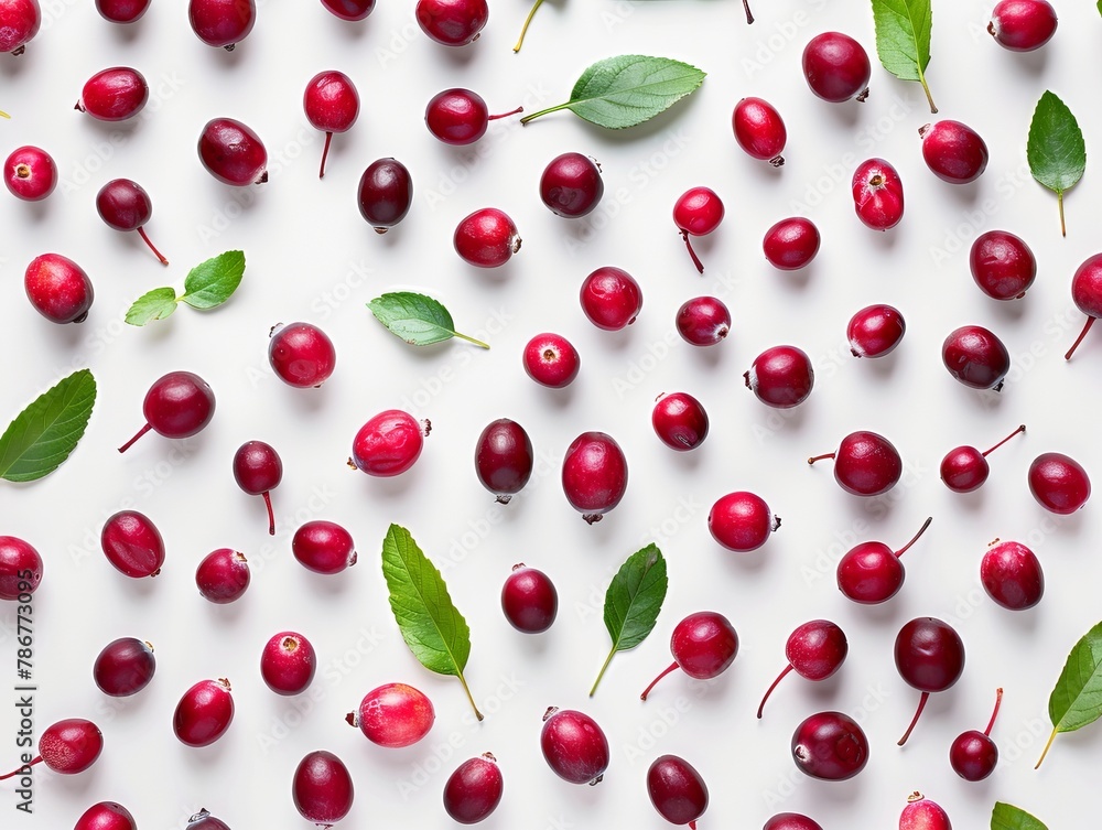 A scatter of cherries with leaves on white surface A scatter of cherries with leaves on white surface