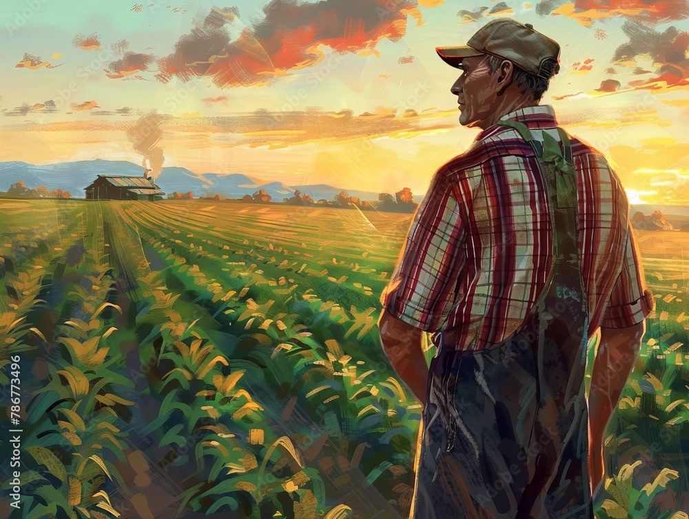 Fototapeta premium Farmer overlooking lush green crop field