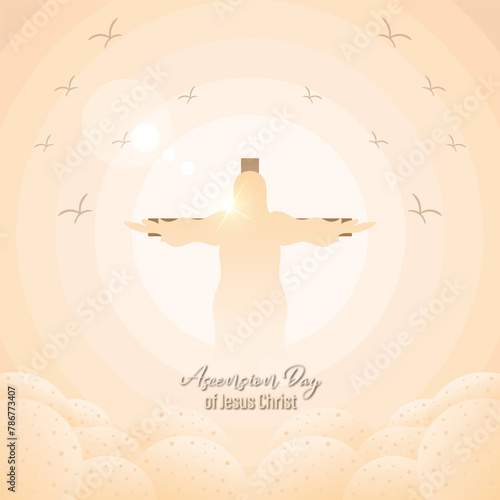 vector design for greeting the ascension of Jesus the Messiah for Christians. with ornaments of sky, clouds, Jesus, cross