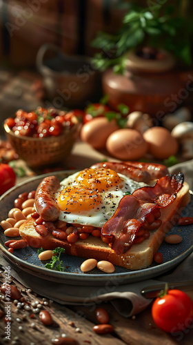 Beautiful presentation of English Breakfast e.g., with eggs, sausage, bacon, baked beans, toast, tomatoes, mushrooms, hyperrealistic food photography