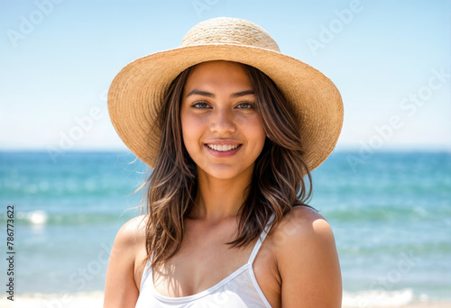 Summer Vibes Woman in Yellow Bikini and Straw Hat on Beach