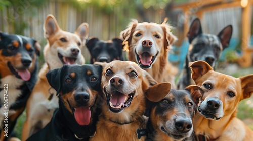 Portrait of group different dogs taking selfie photo