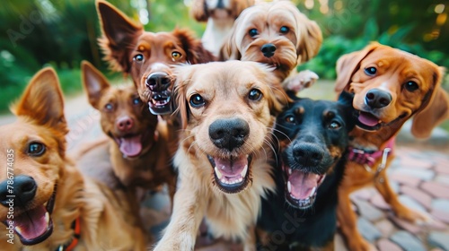 Portrait of group different dogs taking selfie photo
