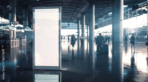 Modern mockup on airport, vertical blank white screen light box advertising signboard