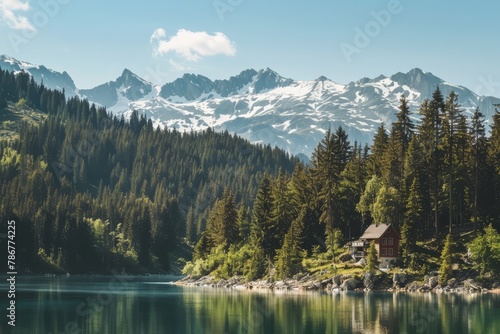 A tranquil mountain cabin nestled among pine trees, overlooking a crystal-clear lake and snow-capped peaks in the distance, Generative AI © ManusiaIkan
