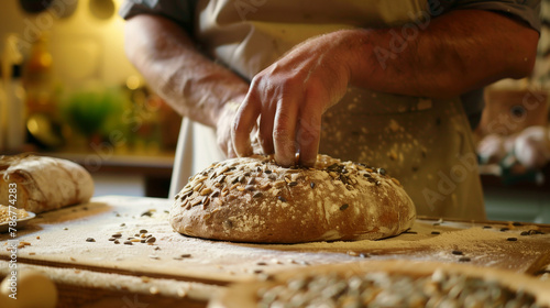 Hands sifting sunflower seeds into bread dough. photo