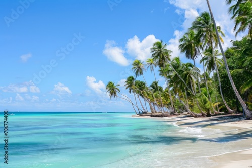 A serene tropical beach with palm trees, turquoise waters, and white sandy shores, perfect for a relaxing getaway, Generative AI © ManusiaIkan