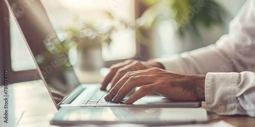 Close up shot of two hands using a laptop keyboard, office, created with AI