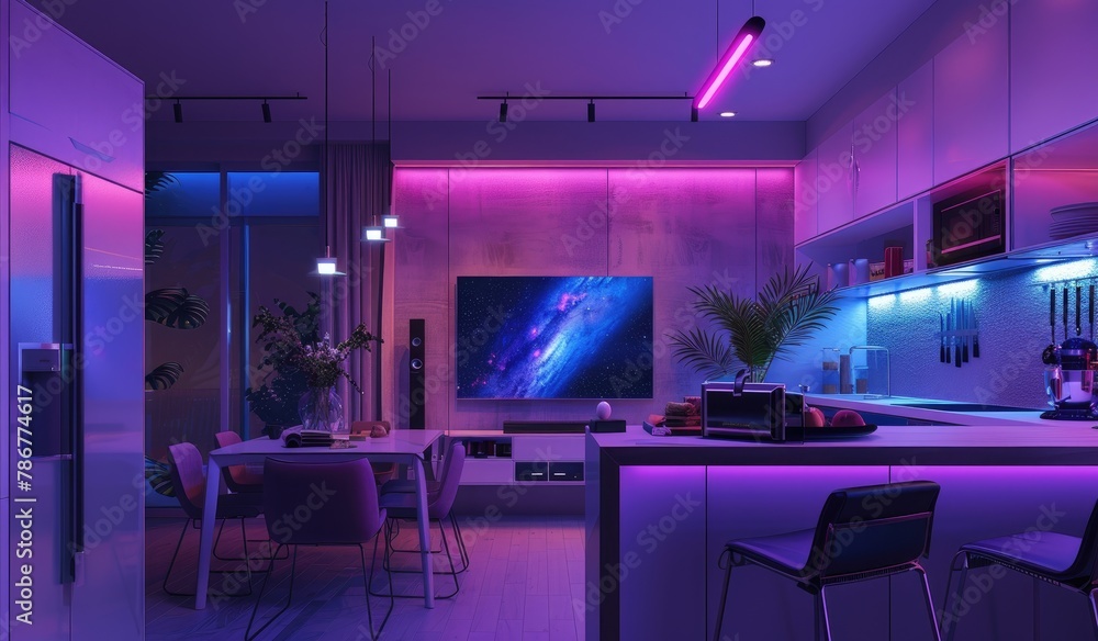 Futuristic interior living room design with neon lights, created with AI Futuristic interior living room design with neon lights, created with AI