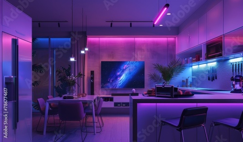 Futuristic interior living room design with neon lights, created with AI © Timeless_art