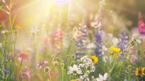 Summer nature background with sunlit flower meadow ideal for summer greeting card or banner with room for text wildflowers in spring © 2rogan