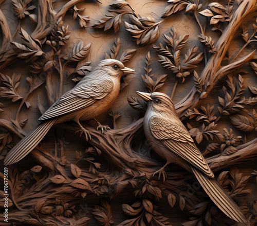 A wooden carving of two birds with leaves and branches.