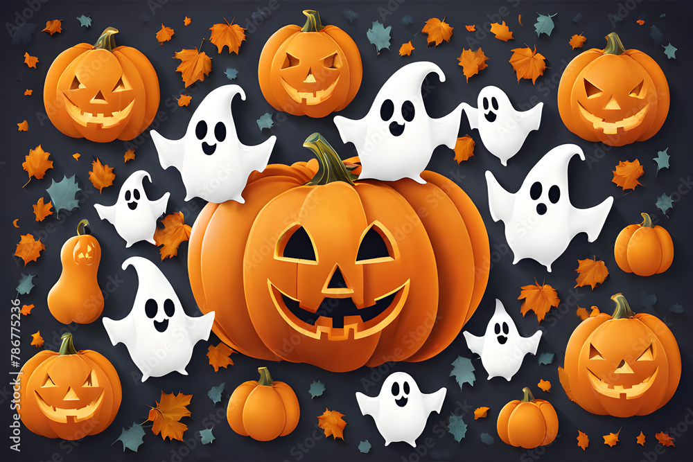 Funny orange pumpkins and white Halloween ghosts on an black background Funny orange pumpkins and white Halloween ghosts on an black background