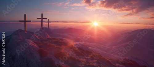 A crosses on the top of the mountain at sunrise, religion concept.
 #786775290