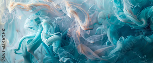 Behold the hypnotic allure of abstract expressionism as ribbons of turquoise and blush smoke intertwine and spiral on a blank canvas, evoking a sense of serenity and awe.