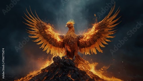 Majestic phoenix with wings spread, emerging from the flames. The phoenix perches on a pile of burning rocks, surrounded by a dark sky and smoke. Phoenix bird symbol of rebirth and power photo