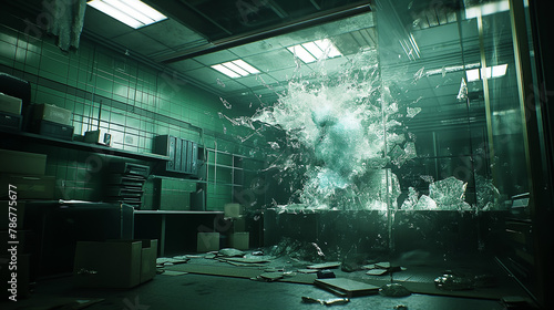 Image of mutants escaping quarantine in a laboratory. The lab is a chaos of shattered glass, sci-files. photo