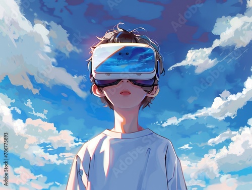 The boy wearing VR glasses is outdoors.