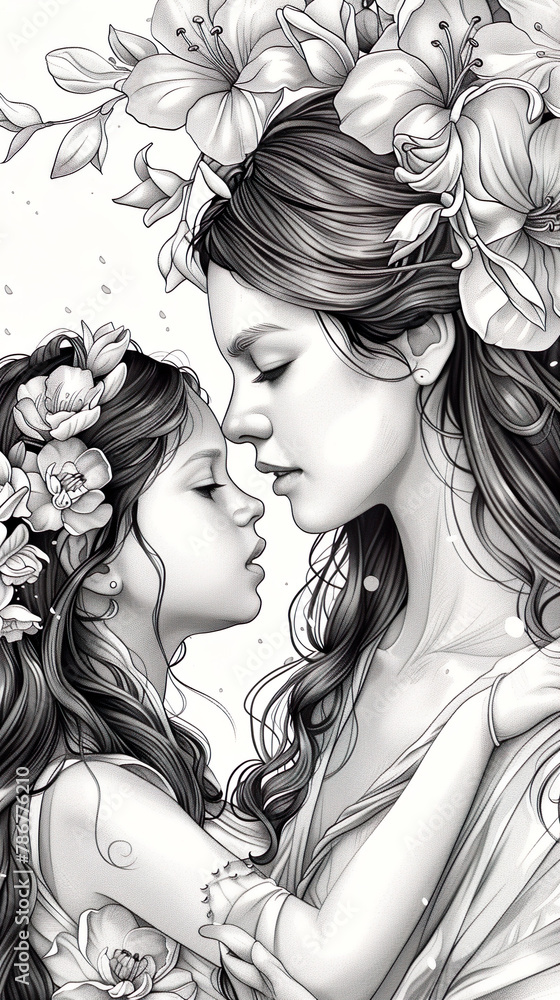 Fototapeta premium Beautiful, realistic line drawings show the bond between a mother and daughter.