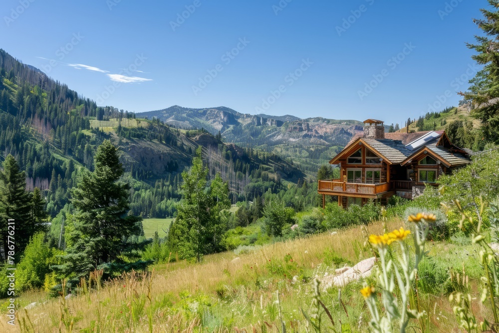 A secluded mountain retreat with panoramic views, alpine meadows, and winding hiking trails, perfect for outdoor enthusiasts and nature lovers, Generative AI A secluded mountain retreat with panoramic views, alpine meadows, and winding hiking trails, perfect for outdoor enthusiasts and nature lovers, Generative AI