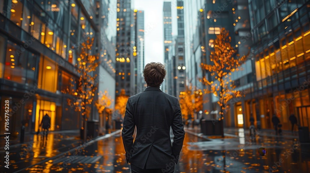 A man in a suit stands in the middle of a busy city street, looking up at the tall buildings. A man in a suit stands in the middle of a busy city street, looking up at the tall buildings.