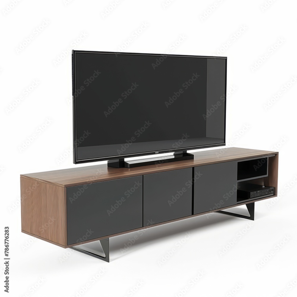 3D Render of a sleek TV stand with storage compartments, on isolated white background, Generative AI