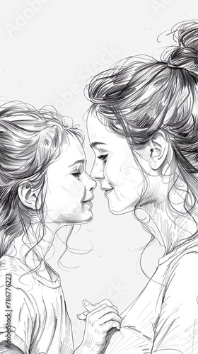 Beautiful, realistic line drawings show the bond between a mother and daughter.