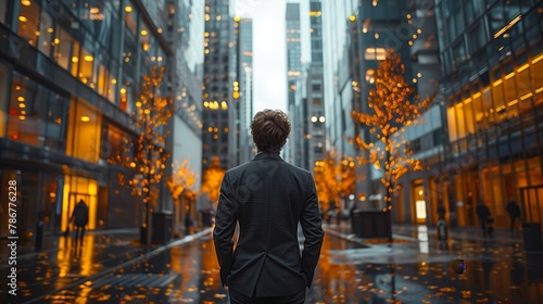 A man in a suit stands in the middle of a busy city street, looking up at the tall buildings. photo
