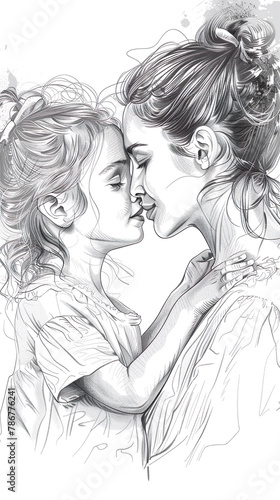 Beautiful, realistic line drawings show the bond between a mother and daughter.