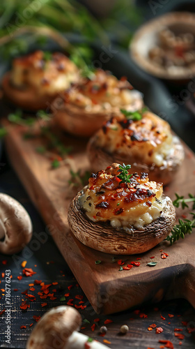 Beautiful presentation of Stuffed mushrooms, hyperrealistic food photography