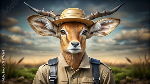 An antelope wearing a pith helmet and safari vest photo