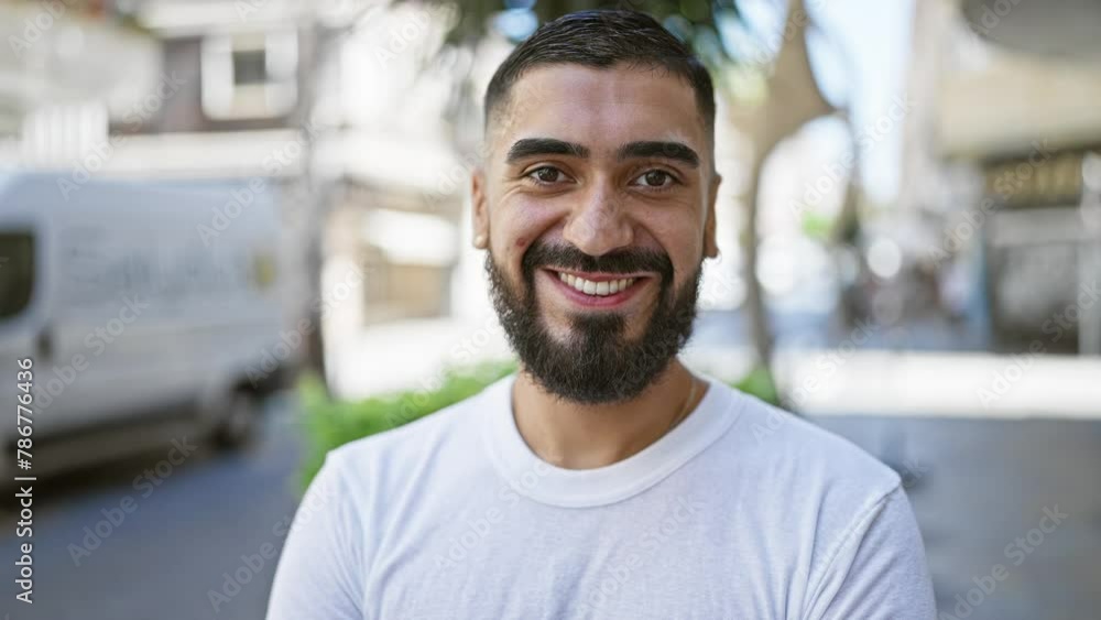 A handsome bearded man smiles in a casual outdoor city setting, exuding approachability and urban style. A handsome bearded man smiles in a casual outdoor city setting, exuding approachability and urban style.