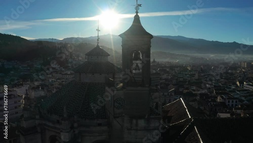 Aerial Shot of Cathedral in Granada City in Spain. 4K Drone