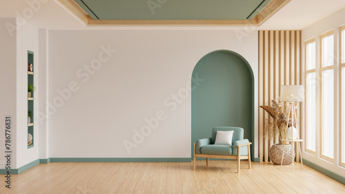 Mockup wall living room with green armchair on empty white wall background- 3D rendering