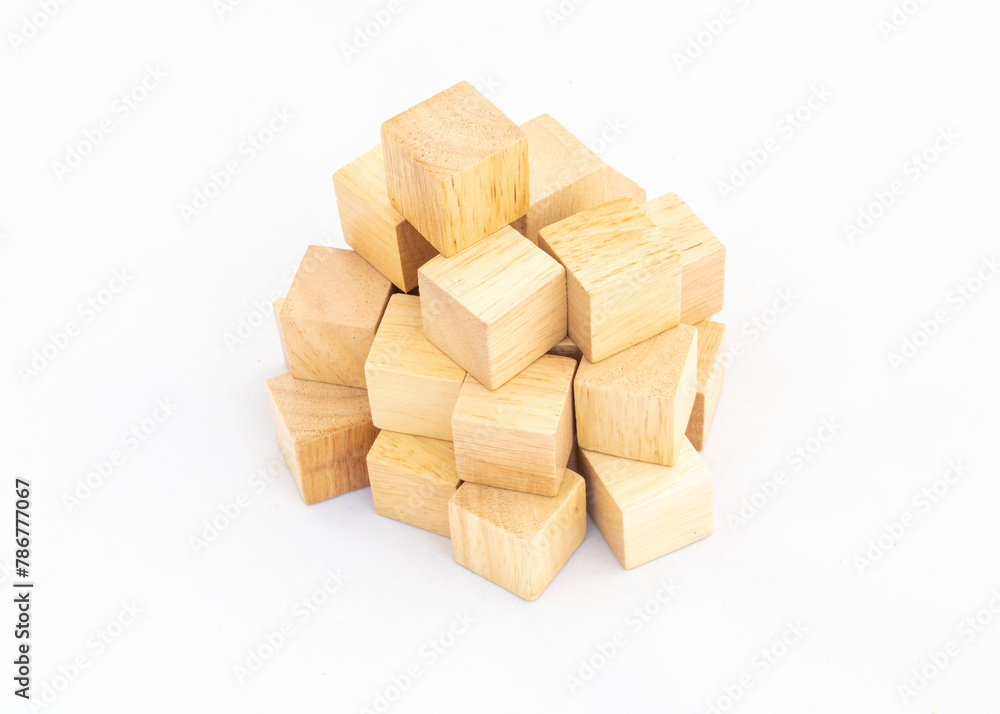 Square wooden blocks heap isolated on white background
