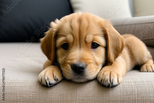 golden retriever puppy laying on sofa © Mason
