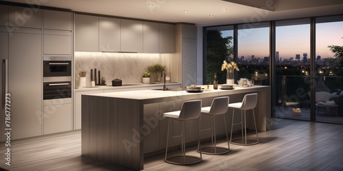 A contemporary kitchen with high-tech appliances and a sleek breakfast bar, perfect for culinary enthusiasts.