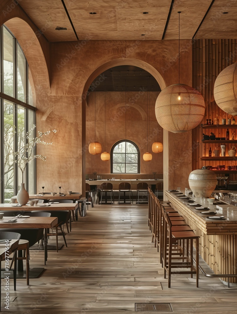 Modern Restaurant Interior with Warm Earth Tones and Wooden Furnishings