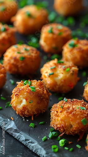 Beautiful presentation of Buffalo chicken mac and cheese bites, hyperrealistic food photography