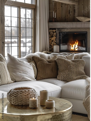 Cozy Living Room Interior with Fireplace and Winter View