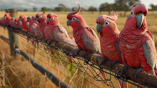 Image of hundreds of Galah Cockatoos perched on the fence right next to the field, australia agriculture landscape, nice weather, view from above, natural color. copy space for text. photo