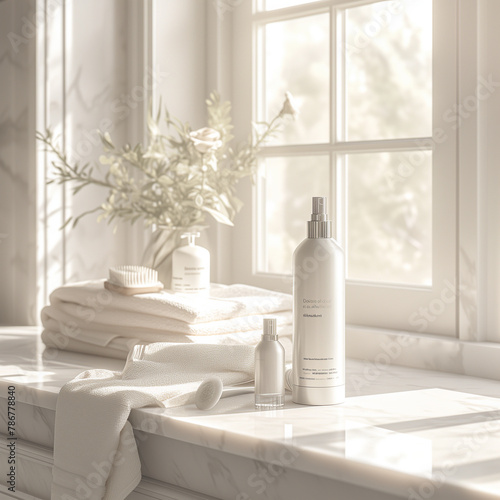 Haircare, skincare, bath product in luxury bathroom setting with good interior design and soft light from window