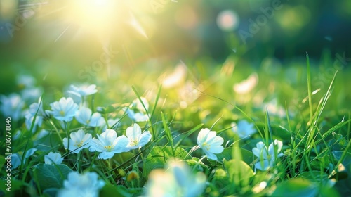 Sunlight casting a gentle glow on the grass adorned with white flowers in the morning field