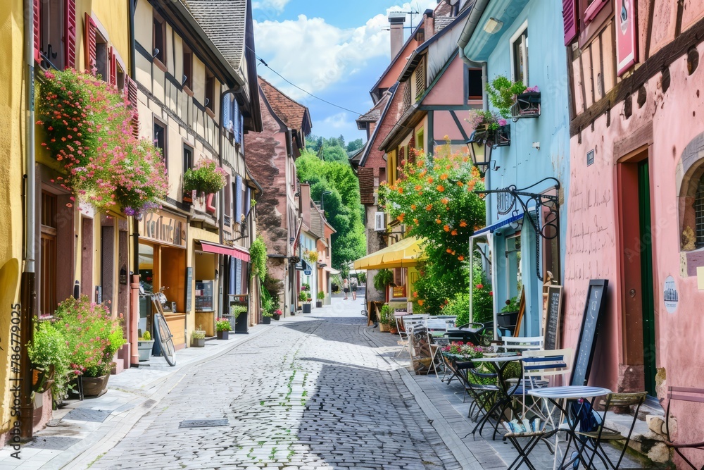 A charming European village with cobblestone streets, colorful buildings, and sidewalk cafes, inviting visitors to explore its historic charm, Generative AI
