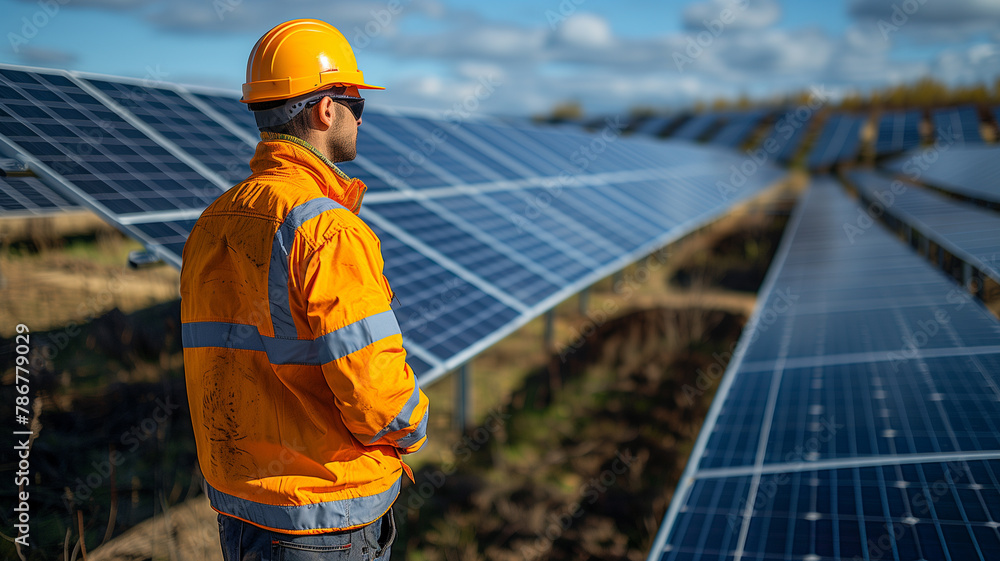 Engineer standing at Solar cell panel farm factory. Engineer standing at Solar cell panel farm factory.