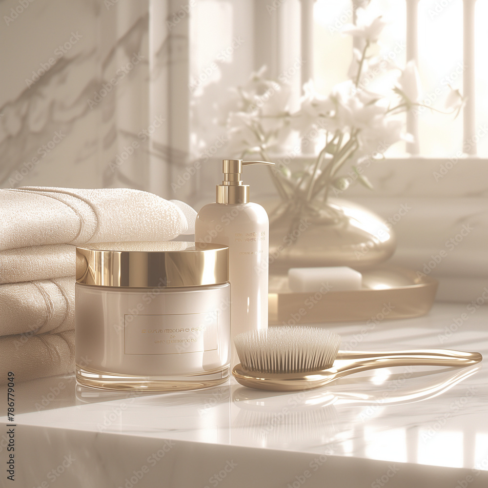 Haircare, skincare, bath product in luxury bathroom setting with good interior design and soft light from window Haircare, skincare, bath product in luxury bathroom setting with good interior design and soft light from window