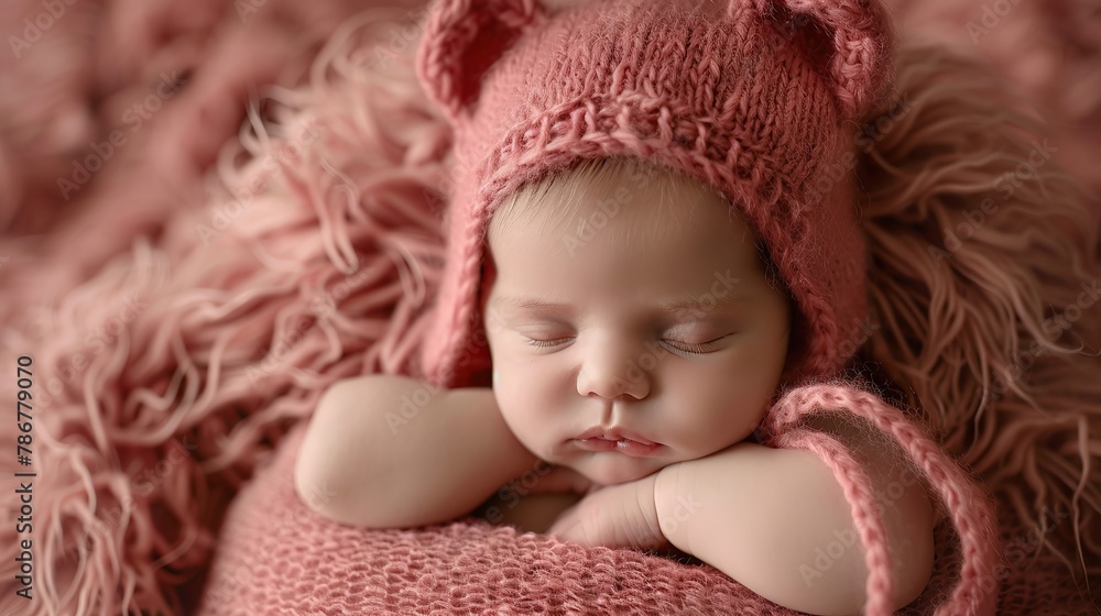Newborn baby girl in pink knitted bear hat. copy space for text. Newborn baby girl in pink knitted bear hat. copy space for text.