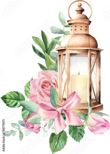 Watercolor wedding composition with pink flowers, peonies. and eucalyptus. Bouquet of flowers with vintage lamp and candle