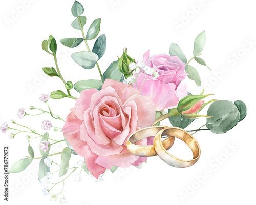 Watercolor wedding composition with pink flowers, peonies. and eucalyptus.  Bouquet of flowers with wedding rings