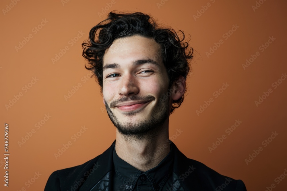 Portrait of a smiling young man with long curly hair against orange background Portrait of a smiling young man with long curly hair against orange background